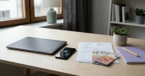 En smartphone bredvid en bärbar dator och pappersunderlag på ett skrivbord