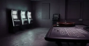 Spelautomatsskärmar och ett tomt bord med roulettehjul i en dämpad casinomiljö